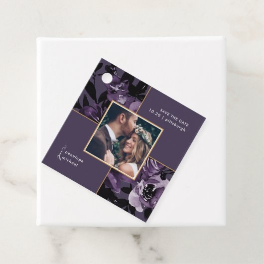 Paarse Bloemenfoto Save the Date Bedankjes Labels (In situ)
