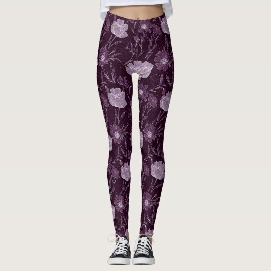 Paarse bloemenglitterpatroon leggings (Voorkant)