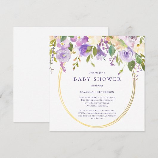 Paarse bloemengouden accenten neutraal Baby shower Kaart (Voorkant / Achterkant)