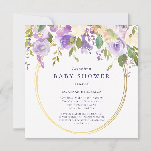Paarse bloemengouden accenten neutraal Baby shower Kaart (Voorkant)
