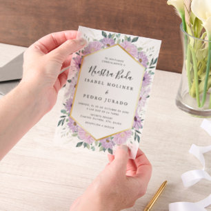 Paarse bloemengouden bladeren Nuestra Boda bruilof Vellum Uitnodigingen