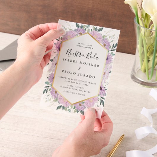 Paarse bloemengouden bladeren Nuestra Boda bruilof Vellum Uitnodigingen (Draagbaar)