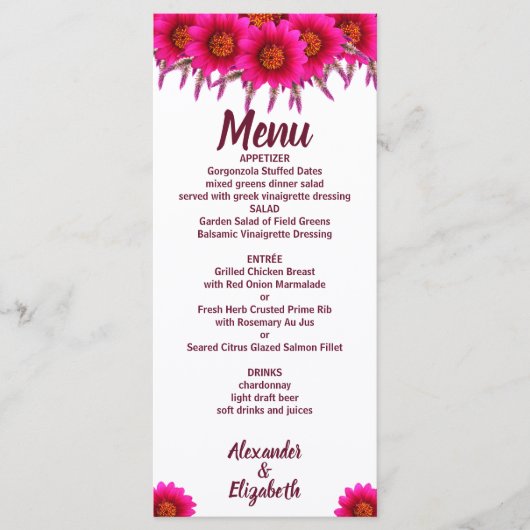 Paarse Bloemengroen Bruiloft Receptie Menu (Voorkant)