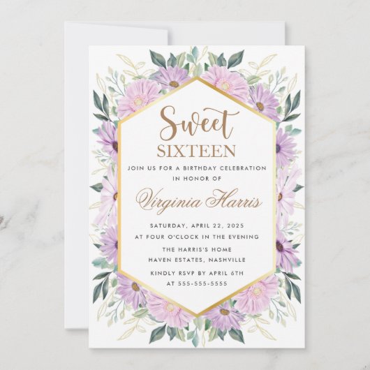 Paarse bloemengroen Sweet Sixteen 16 Verjaardag Kaart (Voorkant)