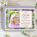 Paarse bloemengroene bladeren 60e verjaardag foto kaart<br><div class="desc">Pruim paarse waterverf bloemen en groen laat vrouwen 60ste verjaardagsfeestje fotouitnodiging. Neem contact met mij op voor hulp bij uw aanpassingen of om extra matching of coördinatie van Zazzle producten voor uw evenement aan te vragen.</div>