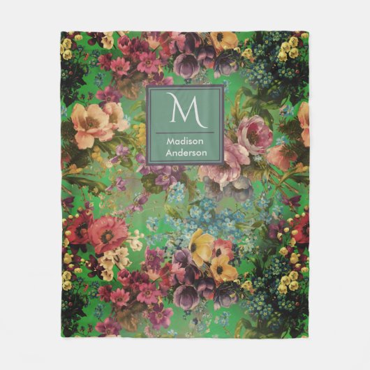 paarse bloemengroene patroonmonogram fleece deken (Voorkant)