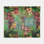  paarse bloemengroene patroonmonogram fleece deken (Voorkant (Horizontaal))