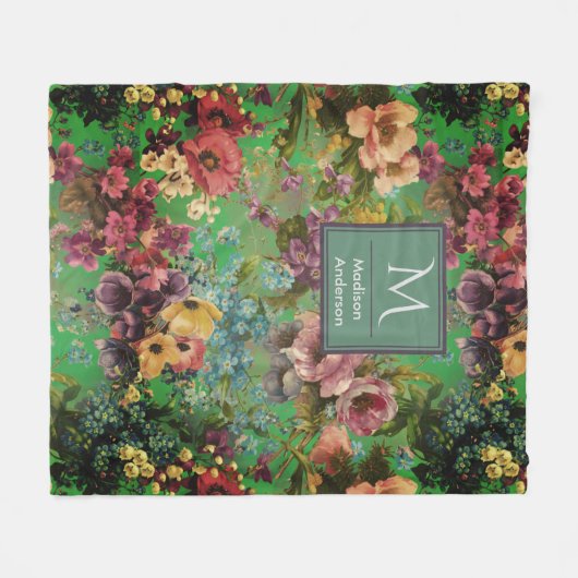  paarse bloemengroene patroonmonogram fleece deken (Voorkant (Horizontaal))