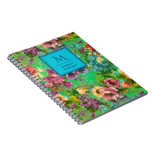 paarse bloemengroene patroonmonogram notitieboek (Rechterzijde)