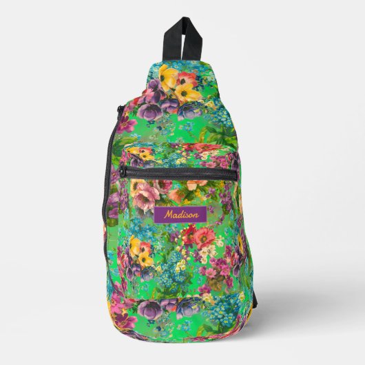  paarse bloemengroene patroonprint sling bag (Voorkant)