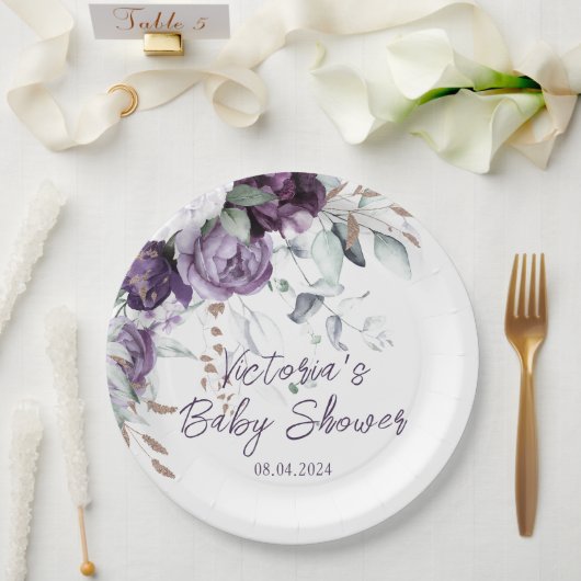 Paarse bloemenhart Elegant Baby shower Papieren Bordje (Huwelijk)