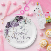 Paarse bloemenhart Elegant Baby shower Papieren Bordje (Feest)