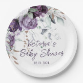 Paarse bloemenhart Elegant Baby shower Papieren Bordje (Voorkant)