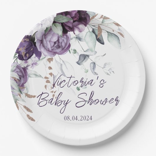 Paarse bloemenhart Elegant Baby shower Papieren Bordje (Voorkant)