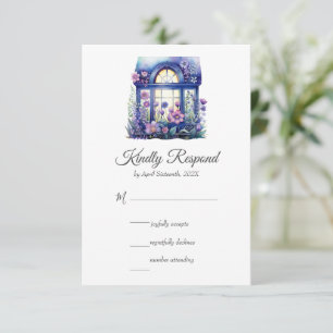 Paarse bloemenhuisje raam tuin handvasten RSVP kaartje