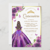 Paarse bloemenjurk Butterfly Gold Quinceanera Kaart (Voorkant)