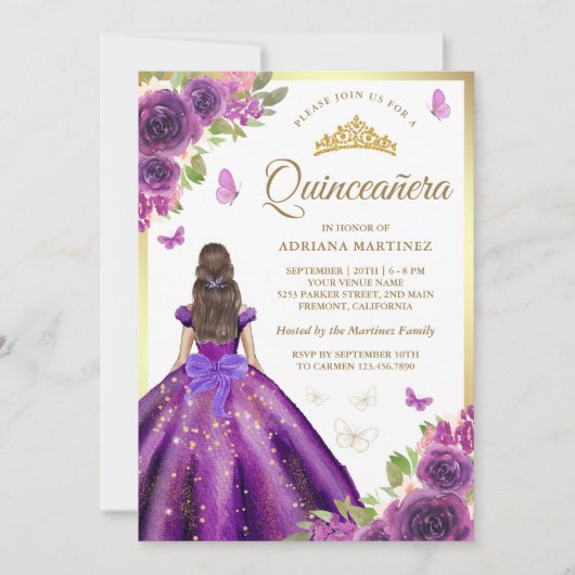 Paarse bloemenjurk Butterfly Gold Quinceanera Kaart (Voorkant)
