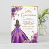 Paarse bloemenjurk Butterfly Gold Quinceanera Kaart (Staand voorkant)