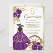 Paarse bloemenjurk Charro Gold Quinceanera Kaart (Voorkant)