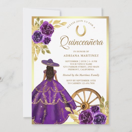Paarse bloemenjurk Charro Gold Quinceanera Kaart (Voorkant)