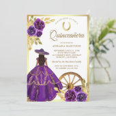 Paarse bloemenjurk Charro Gold Quinceanera Kaart (Staand voorkant)