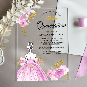 Paarse bloemenjurk Princess Gold Quinceanera Acryl Uitnodigingen