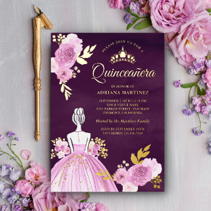 Paarse bloemenjurk Prinses Plum Quinceanera Goud Folie Uitnodiging