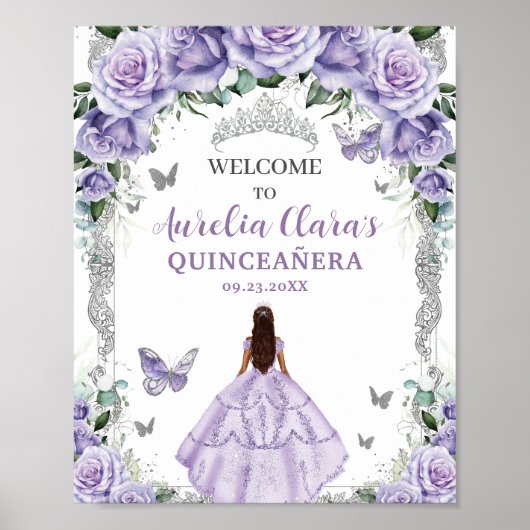 Paarse bloemenjurk Quinceañera Silver Poster (Voorkant)