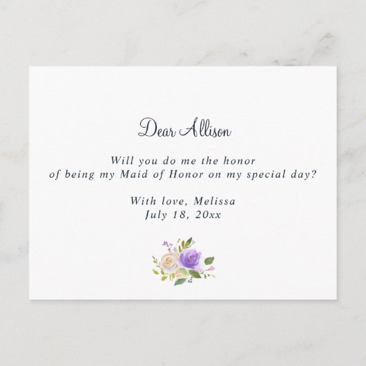 paarse bloemenkaart wordt je mijn Erekamermeisje k Uitnodiging Briefkaart (Achterkant)