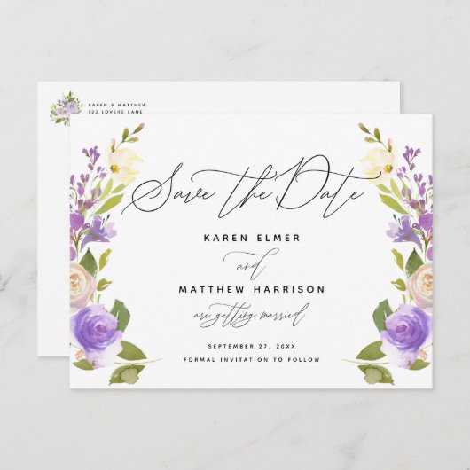 Paarse bloemenkalligrafie Bewaar de datum Aankondigingskaart (Voorkant / Achterkant)