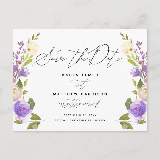 Paarse bloemenkalligrafie Bewaar de datum Aankondigingskaart (Voorkant)