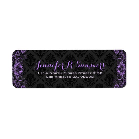 Paarse bloemenkant zwarte damast etiket (Voorkant)