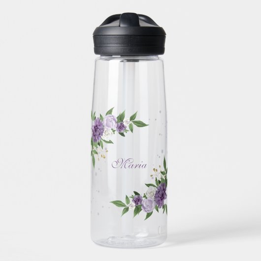 paarse bloemenkorrels waterfles (Voorkant)
