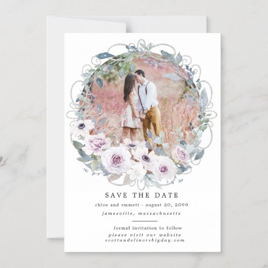 Paarse bloemenkrans Bewaar de datum Magnetische Ka Uitnodiging (Voorkant)