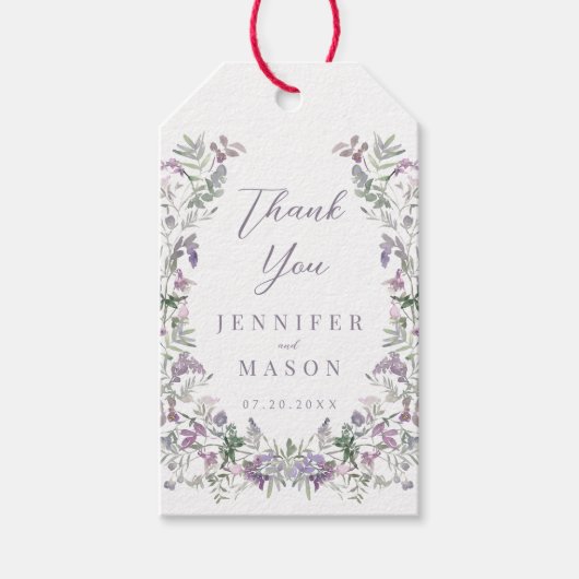 Paarse bloemenkrans boho bruiloft dank u cadeaulabel (Voorkant)