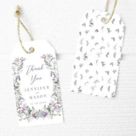 Paarse bloemenkrans boho bruiloft dank u cadeaulabel