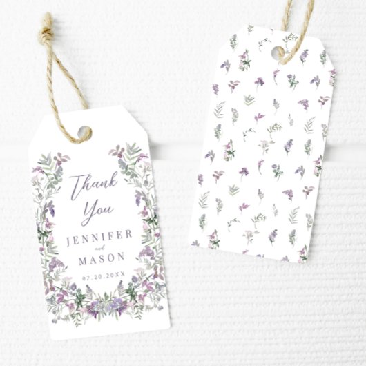 Paarse bloemenkrans boho bruiloft dank u cadeaulabel