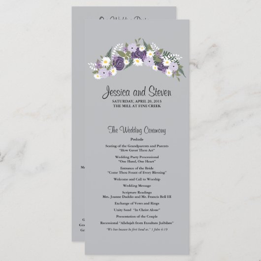 Paarse bloemenkrans | ceremonieprogramma programmakaart (Voorkant / Achterkant)