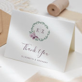 Paarse Bloemenkrans Monogram Huwelijk Dank u Kaart
