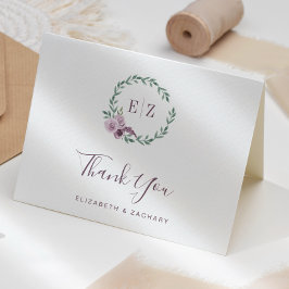 Paarse Bloemenkrans Monogram Huwelijk Dank u Kaart