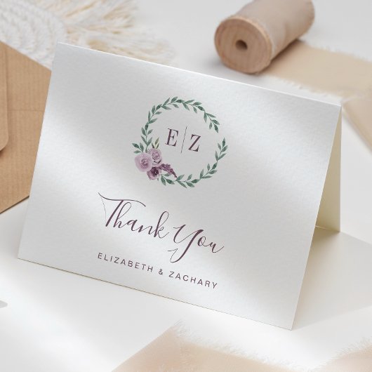 Paarse Bloemenkrans Monogram Huwelijk Dank u Kaart