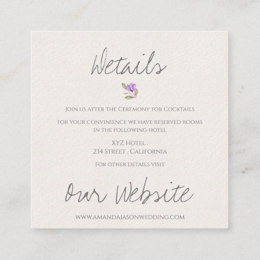 Paarse bloemenkrans van wilde bloemen Trouwdetails Informatiekaartje (Achterkant)