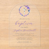 Paarse Bloemenkrans Zilveren Kruisdoop Acryl Uitnodigingen (Voorkant)