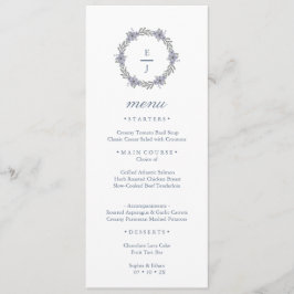 Paarse bloemenkranstrouwkaart met monogram menu