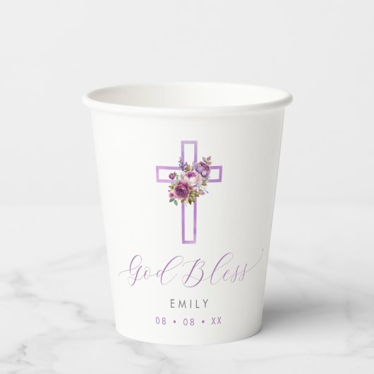 Paarse Bloemenkruis God zegene doop Papieren Bekers (Achterkant)