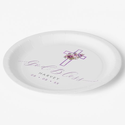 Paarse Bloemenkruis God zegene doop Papieren Bordje (Gekanteld)