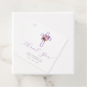 Paarse bloemenkruis modern script dank u bedankjes labels (In situ)