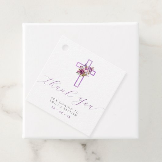 Paarse bloemenkruis modern script dank u bedankjes labels (In situ)