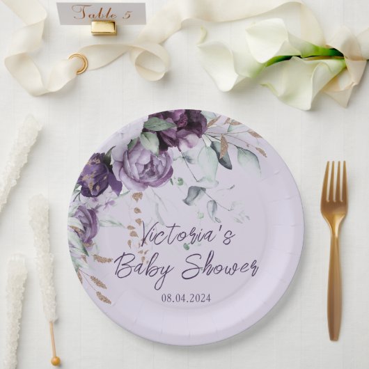 Paarse bloemenlavendel Elegant Baby shower Papieren Bordje (Huwelijk)