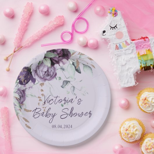 Paarse bloemenlavendel Elegant Baby shower Papieren Bordje (Feest)